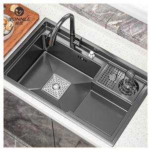Évier de cuisine intelligent en acier inoxydable nano <span class=keywords><strong>noir</strong></span> nouvellement conçu avec lave-gobelet Style <span class=keywords><strong>bol</strong></span> unique 1 valve en laiton - Product Image 3