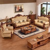 Ensemble de canapés en cuir européen de luxe 3 pièces en cuir de vachette pleine fleur Design rétro Canapé pour villa américaine en bois massif Salon Vente en gros