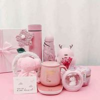 Coffret Cadeau Promotionnel Rose : Tasse Intelligente et Bouteille Isotherme Style Affaires – Boîte Cadeau Économique pour Anniversaire de Femme