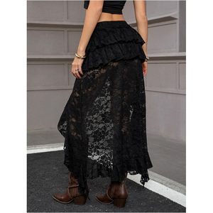 Jupe longue bohème en dentelle florale pour femme FOXA, taille basse, volants, maille transparente, style cowgirl, idéale pour les vacances - Product Image 2