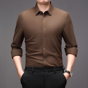 Áo sơ mi nam cổ xuống cổ áo dài tay phong cách mới màu trơn không ủi cho người trung niên cho mùa hè - Product Image 1