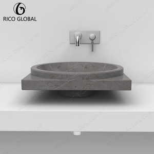 Marble Vessel Sink Round Basin Polished Grey Stone Top Mount Bathroom Sink Minimalist Design - Product Image 5