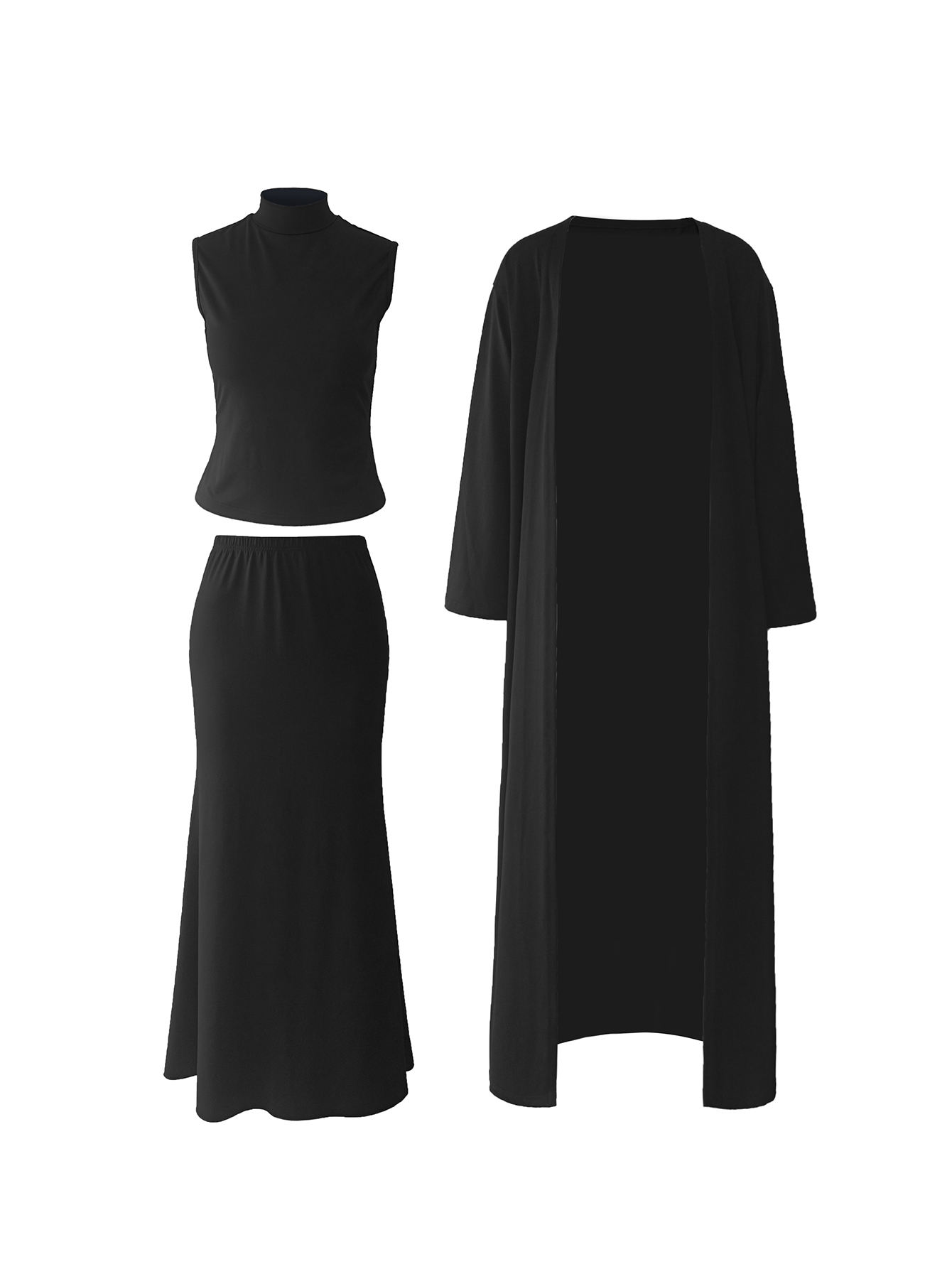 Haut sans manches à col montant, Jupe longue, Kimono long