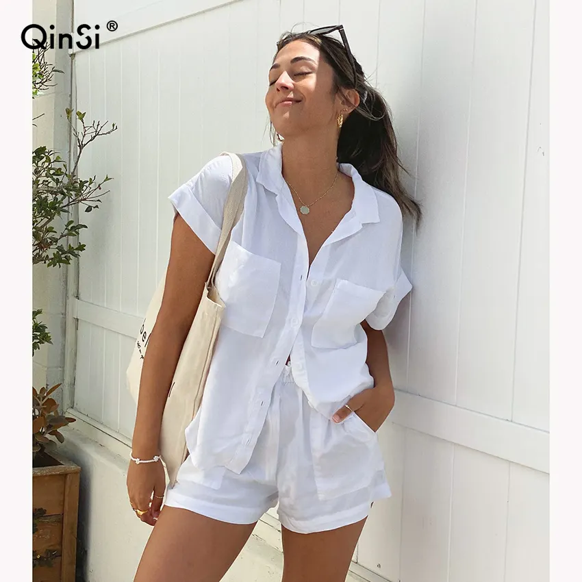 QINSI Casual Frill Suit Short Sleeve Top And Shorts Summer Suit White Cotton Linen Women Outfit Pocket 2 Piece Shorts Set
