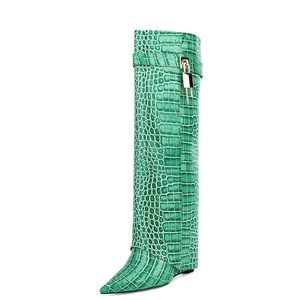 Size 44 Women Stone Print Knee High <b>Booties</b> Designer Wedge Heels Folded Over Shark Lock Boots Green Pointy Toe Overlay Shoes - Product Image 3