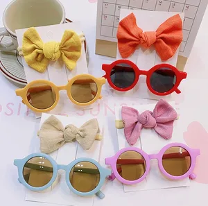 Qianjin Low Price 2pcs/set Sunglasses With Elastic Hair Bands Nylon Baby Headband Design Round Sunglasses Kids Puff Bow Headwear