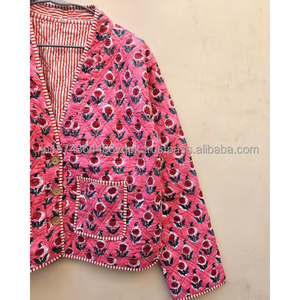 Veste matelassée réversible en coton écologique à imprimé floral pour femme, col en V, manches longues, ouverte sur le devant - Product Image 5