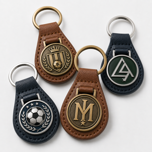 Porte-clés sur mesure en similicuir avec anneau en cuivre antique et badge en émail souple, logo en relief pour entreprise - Product Image 1