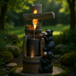 Fontaine d'extérieur en résine à 3 niveaux avec ours sur bois, lumières LED, pompe incluse, décoration de jardin rustique - Product Image 2