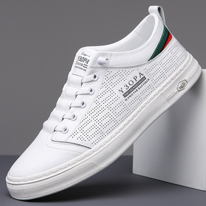 Y3OPA – baskets blanches perforées respirantes pour hommes, chaussures bateau à bout rond, en cuir véritable, semelle extérieure en caoutchouc, couleur unie, pour l'été - Product Image 1