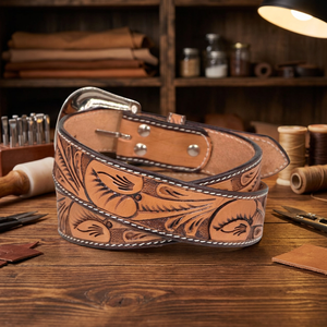 Cinturón de vaquero de cuero occidental con herramientas florales de último diseño duradero fuerte cosido cinturón de herramientas de cuero occidental de moda para hombres - Product Image 1
