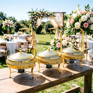Plat <span class=keywords><strong>à</strong></span> chafing rond ornementé doré de 2 L pour événements VIP, cafés et mariages de luxe légers, chauffe-plats pour fruits et desserts - Product Image 3