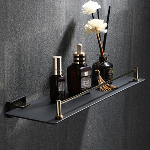 Étagère de rangement murale standard pour salle de bain, noir, chrome plaqué or, capacité de charge 10 kg, simple niveau - Product Image 2