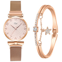Montres de luxe pour femmes, ensemble de 2 pièces, élégantes montres-bracelets pour femmes, bracelet en maille magnétique, montre rose pour femme, bracelet, montre femme, reloj mu