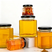 Pot à miel en verre transparent, forme polygonale, épais, de qualité alimentaire, avec couvercle hermétique, polyvalent pour la conservation des aliments, des conserves, des épices et l'organisation de la cuisine