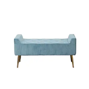 Bangku tempat tidur beludru berbantalan Modern, tempat tidur sofa lapisan kain biru penyimpanan Nordik Ottoman