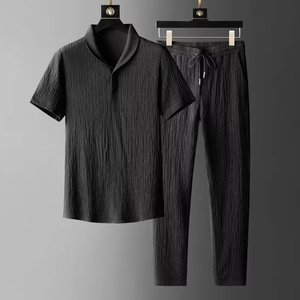 Set di maniche 3/4 da <span class=keywords><strong>uomo</strong></span> in misto lino estivo oversize Activewear in due pezzi con metodo di tessitura intrecciata pronto per il Dropship - Product Image 3