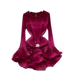 Robe midi élégante en maille ajourée unie pour femme, à manches longues, volants, taille ultra haute, coupe ajustée, idéale pour le bureau ou les soirées formelles - Product Image 1