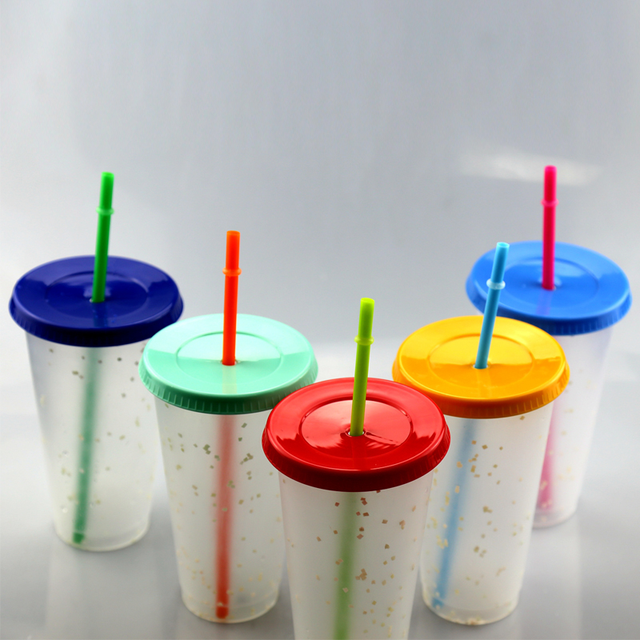Reusable Acrylic clear Glitter Tumbler Cups Bpa Free Acrylic Coffee Mug 16oz 24oz Plastic Color Changing Confetti Cup With Straw