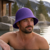 Chapeau de sauna en feutre de laine violet à logo brodé personnalisé, forme cloche, à large bord évasé, protection thermique pour spa et hammam