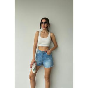 Shorts de Mezclilla Azules Simples para Mujer, Cintura Alta, Pierna Recta, 100% Algodón, Transpirables, Casuales de Verano - Product Image 4