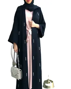 Rok Ukuran Besar Muslim Hitam Abaya Kimono Maroko Mutiara Putih Jubah Elegan untuk Wanita Pakaian Islami Gaun Pesta Doa