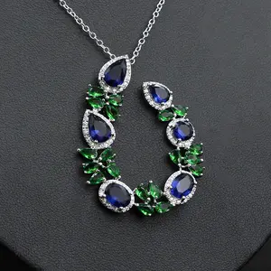 Luxury Fashion Zircon Emerald Alloy Costume Jewelry Sets Tassel Necklace Earring For Woman Wedding