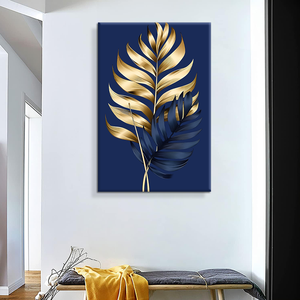 Quadro Astratto <span class=keywords><strong>con</strong></span> <span class=keywords><strong>Foglie</strong></span> Dorate su Sfondo Blu, Dipinto su Tela 60x90cm per Decorazione d'Interni - Product Image 2
