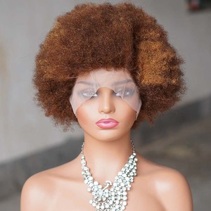 Perruque sans colle en dentelle monofilament vierge vietnamienne HD, petits nœuds blanchis, mèches brunes claires/foncées, franges, coupes afro bouclées - Product Image 2