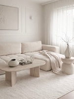 Table basse rectangulaire en bois de style nordique minimaliste moderne, finition beige effet pierre, table basse aspect travertin