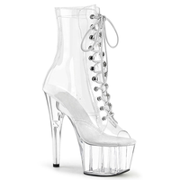 Chaussures à talons hauts en PVC de 17 cm / 7 pouces pour femmes, plateforme à bout ouvert, lacets, escarpins, bottes à la cheville, bottes de pole dance