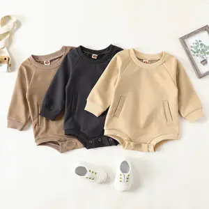 Hongbo Cotton Long Sleeve New Style Newborn Baby Clothing Boy One Piece Crewneck Pocket Solid Baby Sports Romper