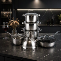 Nouvel ensemble de batterie de cuisine 12 pièces en acier inoxydable, comprenant une poêle à double fond, une casserole à lait/soupe, compatible four, avec couvercles en verre, vente en gros usine