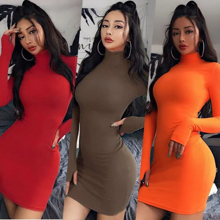 New solid color turtle neck long sleeve dresses fall and winter mini bodycon dress multi color sexy casual dresses