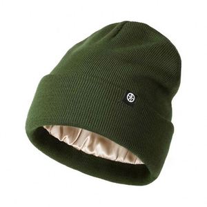 China Supplier <b>Winter</b> Knit Hat Manufacturing Solid Color Blank Satin Lined Beanie Hat Custom logo - Product Image 3