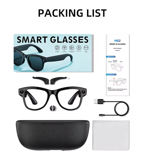 Kairui M02x Smart AI Glasses Camera 4K/1080P Video AI Voice Control ChatGPT Metal Frame IPX-4 Waterproof Type-C Charging 3600mAh