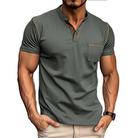 Chemise décontractée pour hommes européens et américains, col mandarin, poche plaquée, perles, respirante, absorbant l'humidité, mélange de coton, pour l'extérieur