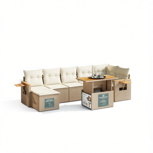 Ensemble de canapés de jardin beige 6 places en rotin, mobilier d'extérieur avec rangement, design contemporain - Product Image 1