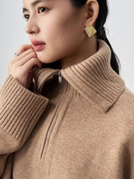 Pull en cachemire 100 % pour femme, col à revers demi-zippé, coupe oversize à épaules tombantes, poignets fendus, style décontracté, automne-hiver