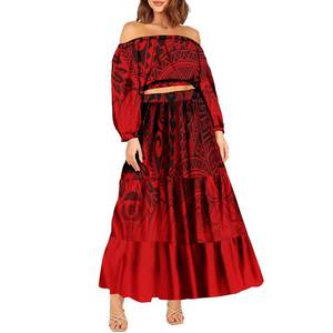 新款大码女性优雅长袖脱肩两件套塔帕波利尼西亚部落裁剪上衣和长裙女童连衣裙 - Product Image 4