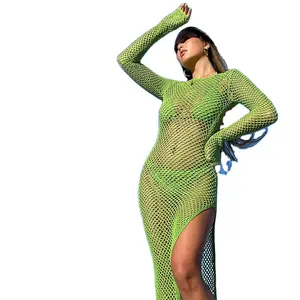 Island Resort Fishing Net Open Back Sexy Perspective Bandage Woven Full-length Sleeve Buttocks