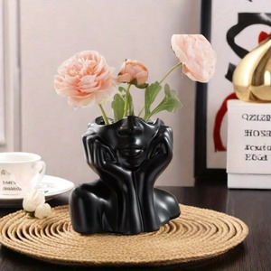 Modern <b>Ceramic</b> Face <b>Vase</b> Sculpture Decor Matte Finish White Black Gold Tabletop Flower Holder 8-16 Inches - Product Image 6