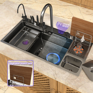 Évier <span class=keywords><strong>de</strong></span> <span class=keywords><strong>cuisine</strong></span> cascade amélioré en acier inoxydable nano <span class=keywords><strong>noir</strong></span> avec robinet extractible et poubelle <span class=keywords><strong>de</strong></span> <span class=keywords><strong>cuisine</strong></span> pour <span class=keywords><strong>cuisine</strong></span> d'hôtel - Product Image 1