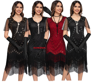 Europeo americano Retro 1920 Gatsby vestido <span class=keywords><strong>de</strong></span> baile lentejuelas borla con cuentas manga corta A-Line <span class=keywords><strong>fiesta</strong></span> silueta <span class=keywords><strong>para</strong></span> <span class=keywords><strong>Amazon</strong></span> Cross Border - Product Image 1