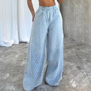 Venta al por mayor de fábrica 2025: Jeans de mujer de cintura alta azul claro con pedrería, de pierna ancha, a la moda, casuales, sueltos y rectos. - Product Image 1
