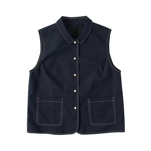 Navy Blue Pure Cotton Collared Casual Women's Denim Vest