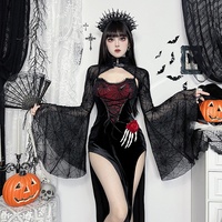 Gaun Kostum Vampir Gothic Wanita - Gaun Pendek Beludru Merah & Hitam di Atas Lutut dengan Lengan Berbahan Jaring Laba-laba Transparan dan Korset Berikat Tali