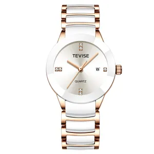 TEVISE นาฬิกาคู่รักสุดหรู,นาฬิกาควอตซ์เซรามิกปฏิทินธุรกิจแฟชั่น
