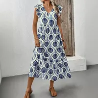 Robe sans manches à imprimé géométrique et volants, style vintage, disponible en vert et bleu, vente en gros avec faible MOQ