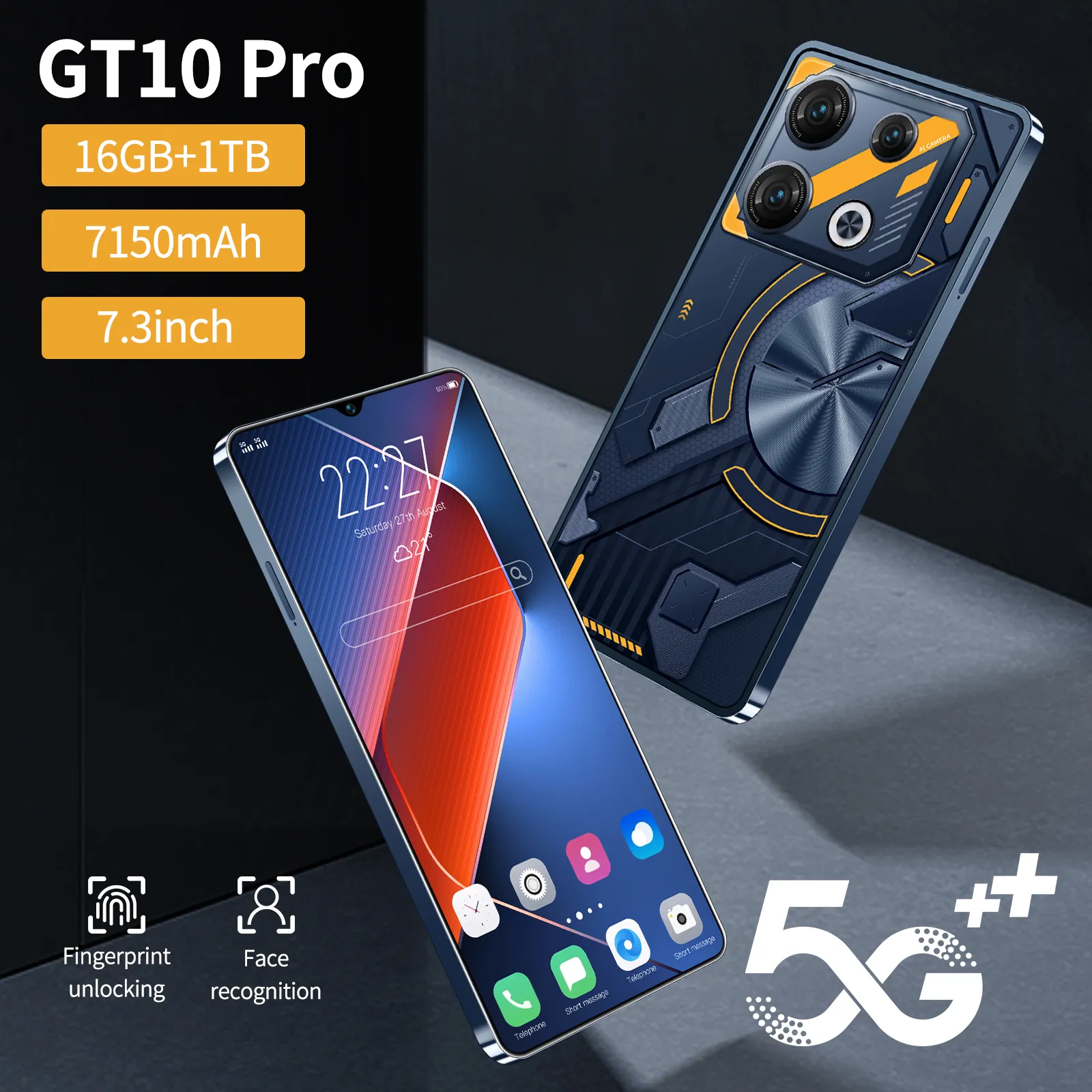هاتف ذكي GT10 Pro Max جديد شهير بشاشة 7.3 بوصات مساحة تخزين 16 جيجابايت + 1 تيرابايت أصلي من الجيل الخامس يعمل بنظام الأندرويد مزود بكاميرا 12 وخاصية الدقة العالية هاتف محمول يُباع بالجملة من المصنع